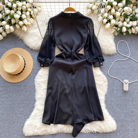 Suit Collar Ruffled Black Dress