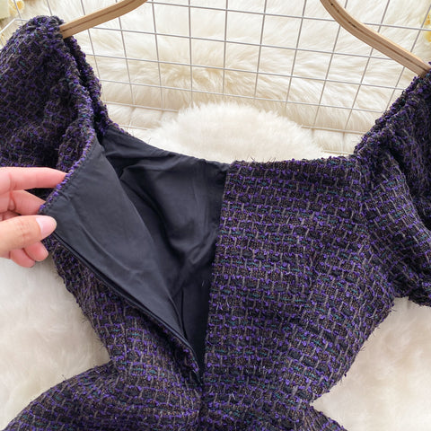 Delicate Puffy Sleeve Purple Ruffled Dress