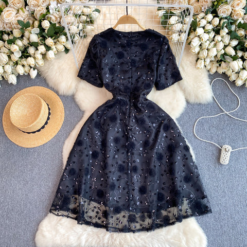 Delicate Sequined Lace-up Black Dress