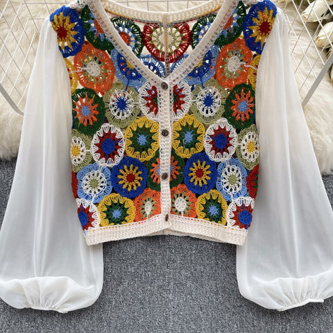 Flared Sleeve Colorful Crochet Top