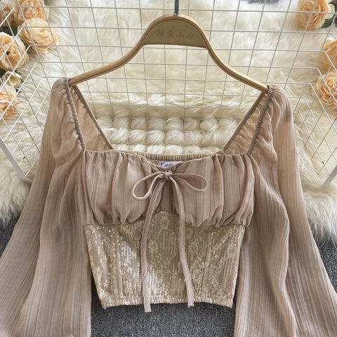 Midriff Baring Sequin Slim-fit Blouse