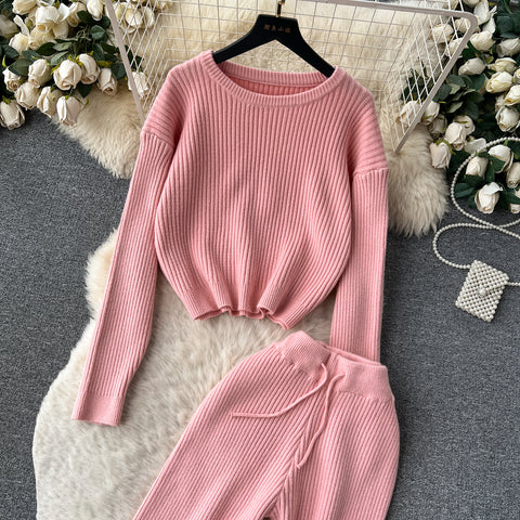 Round-collar Sweater&Trousers Knitted 2Pcs