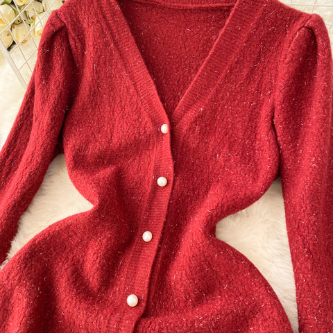 French Style V-neck Knitted Dress