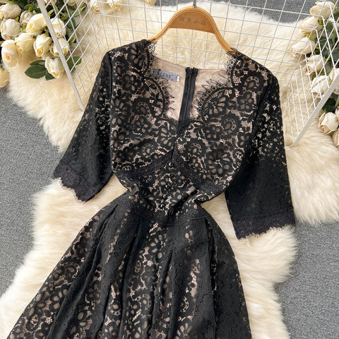 V-neck Black Lace Hollowed Dress