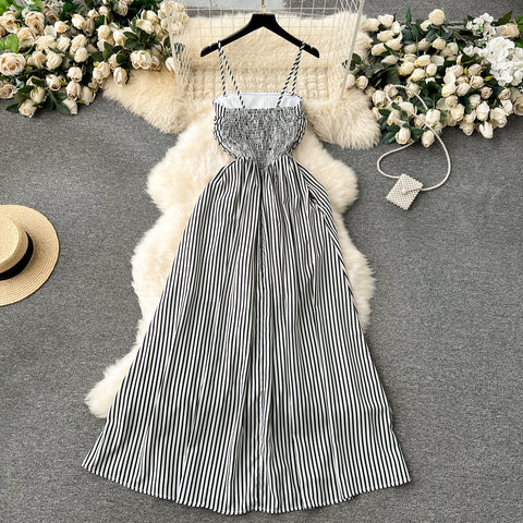 High-end Striped Pleated Slip Dress