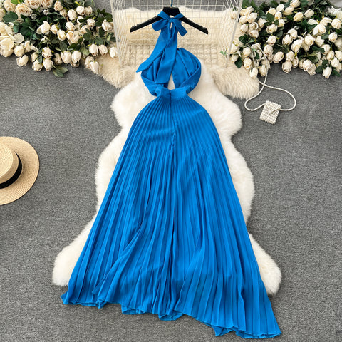 Asymmetric Pleated Blue Halter Dress