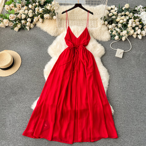 V-neck Backless Red Slip Dress