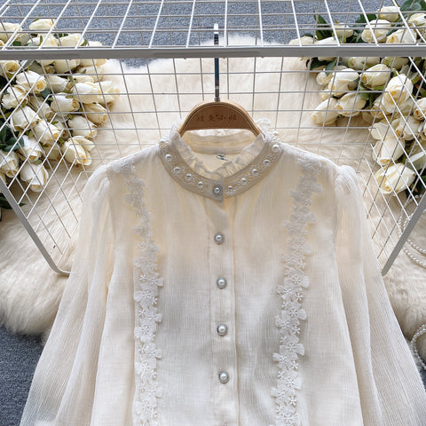Courtly Long-sleeve Embroidery Lace Blouse