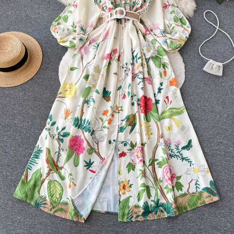 Ethnic Style Flared Sleeve Floral Dress