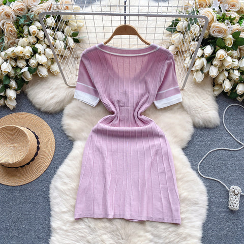 Candy Color V-neck Knitted Dress