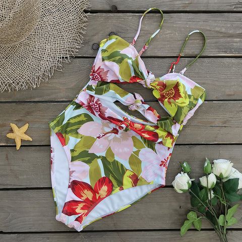 Floral Hollowed One-piece Swimwear&Smock 2Pcs