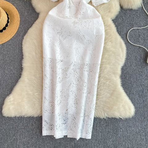 High-end Puffy Sleeve White Lace Dress