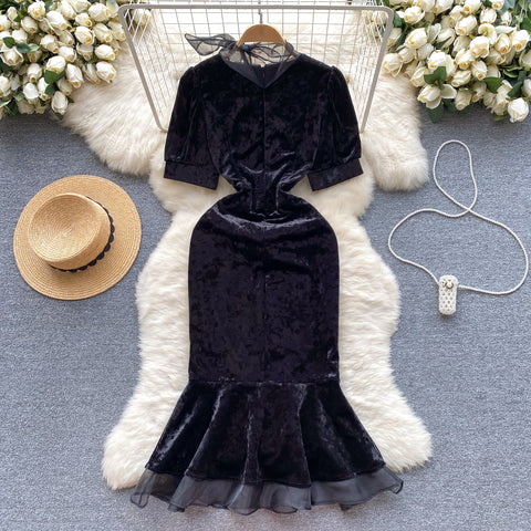 Mesh Bow-tie Black Velvet Dress