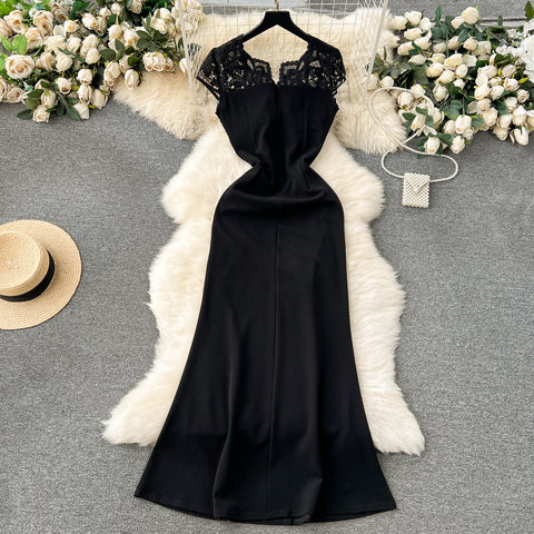 Elegant Sequined Embroidered Lace Black Dress