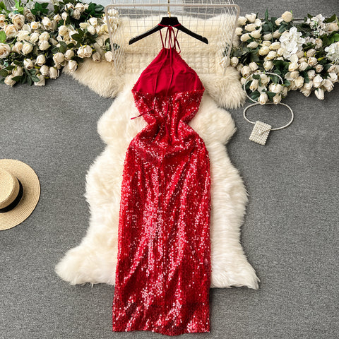 Premium Sequined Split Halter Dress