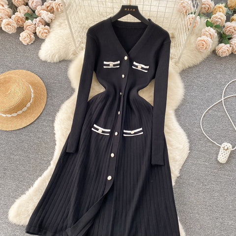 French Style Pleated Knitted Bottoming Dress