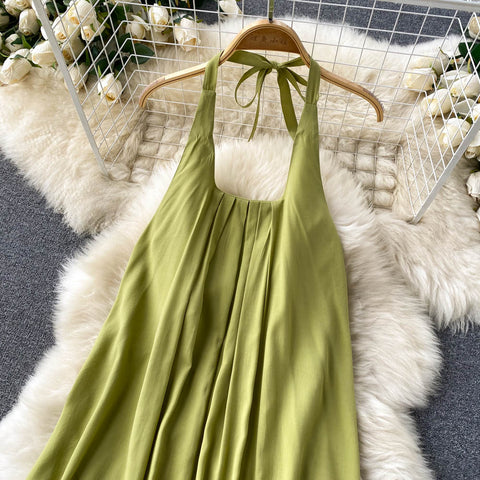 Green Round Collar Loose-fitting Halter Dress