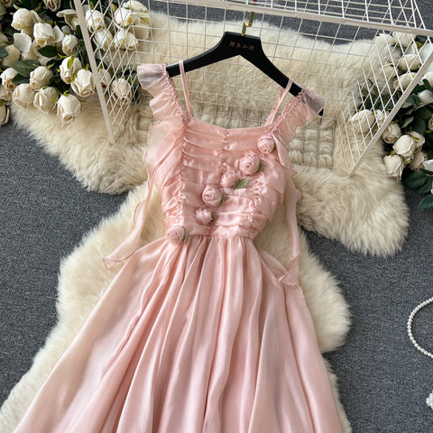 3d Pink Floral Chiffon Slip Dress