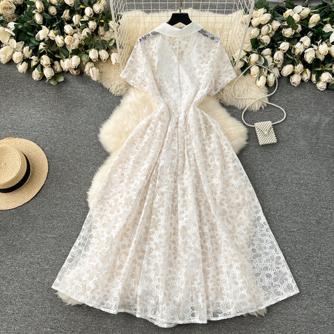 Suit Collar Double-breasted Lace Dress