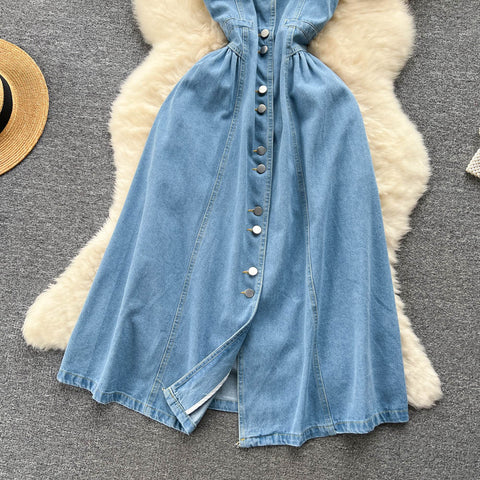 Chic Single-breasted Denim Camisole Dress
