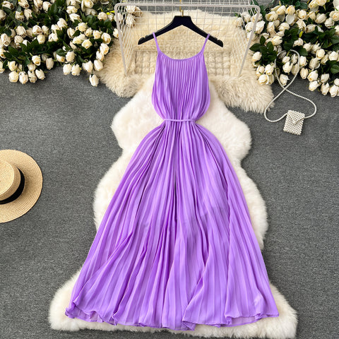 Elegant Pleated Purple Slip Dress
