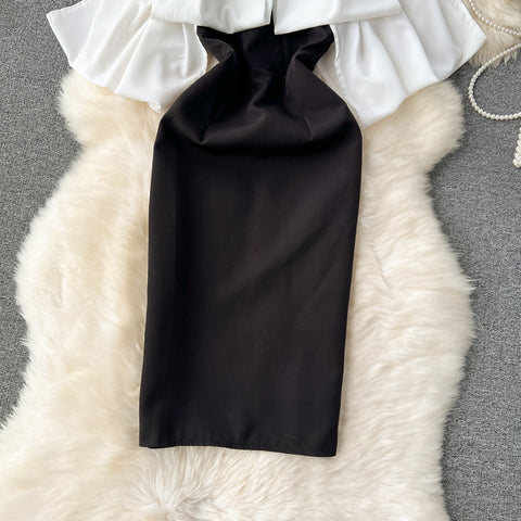 Color Blocking Ruffled Black Dress