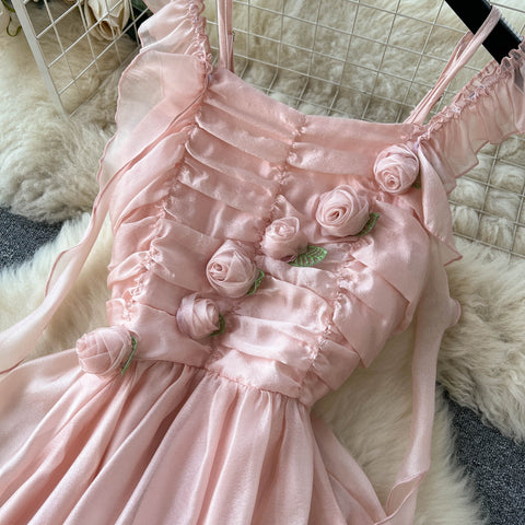 3d Pink Floral Chiffon Slip Dress
