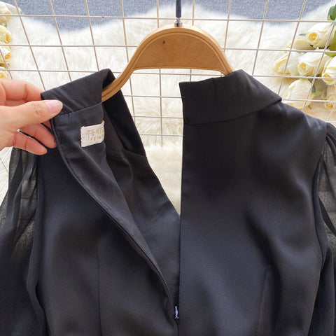 Suit Collar Ruffled Black Dress