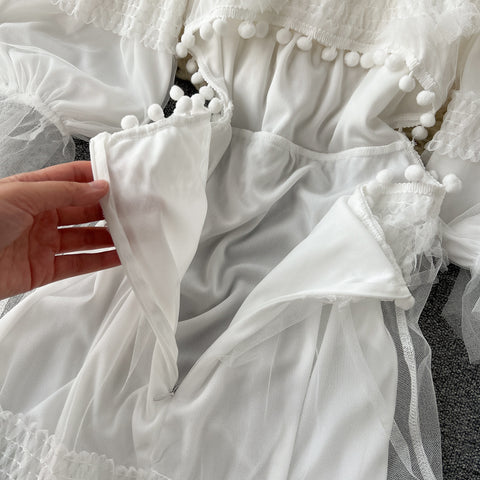Elegant Ruffled White Mesh Fishtail Dress