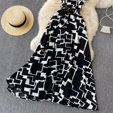 Geometric Printed Lace-up Sleeveless Dress