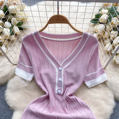 Candy Color V-neck Knitted Dress