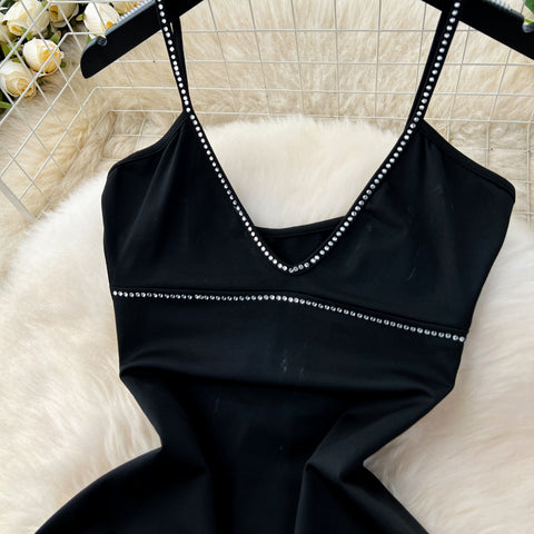 Beaded Low-cut Black Slip Dress
