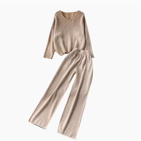 V-neck Sweater&Trousers Loose 2Pcs