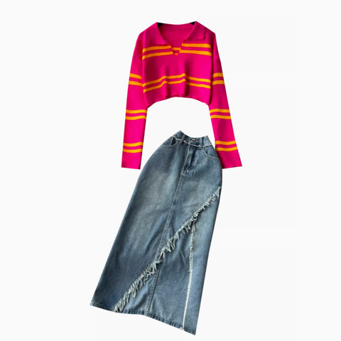 Striped Knitwear&Denim Skirt 2Pcs