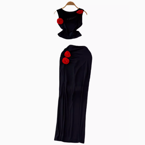 3d Flower Top&Skirt Black 2Pcs