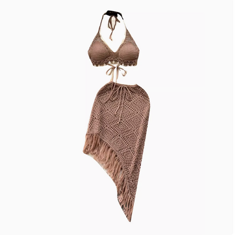 Halter Bikini&Fringed Skirt Knitted 2Pcs