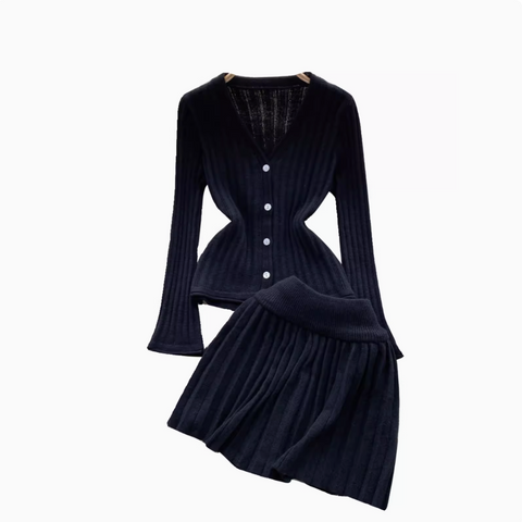 V-neck Cardigan&Pleated Skirt 2Pcs