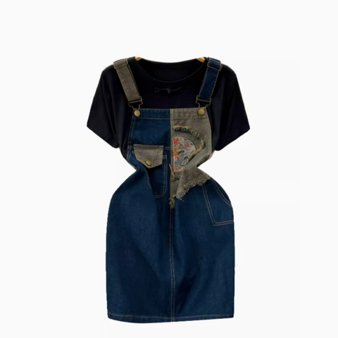 Embroidered Denim Dress&Shirt 2Pcs