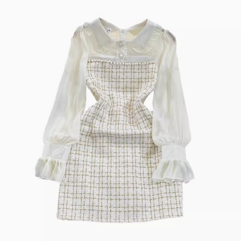 Tweed Patchwork Chiffon Shirt Dress