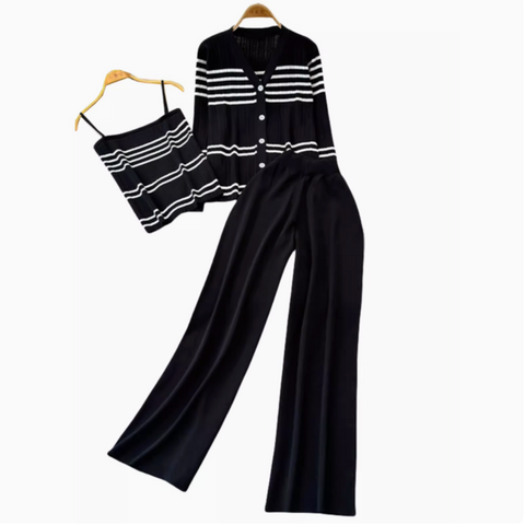 Camisole&Cardigan&Trousers Striped 3Pcs
