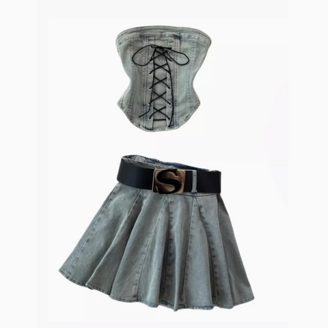 Lace-up Top&Pleated Skirt Denim 2Pcs
