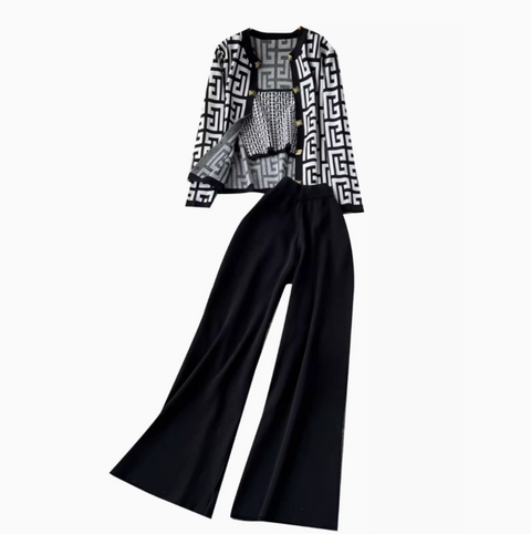 Maze Pattern Cardigan&Camisole&Trousers 3Pcs