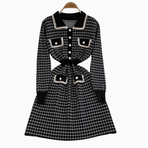 Lapeled Plaid Tweed Knitted Dress