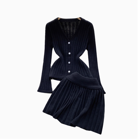 Waist-slimming Cardigan&Pleated Skirt 2Pcs