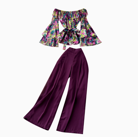 Floral Chiffon Top&Wide-leg Trousers 2Pcs