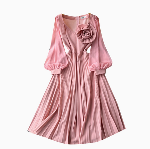 3D Flower Pleated Pink Dress