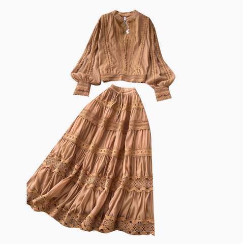 V-neck Shirt&Skirt Lace Patchwork 2Pcs