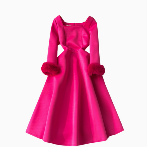 Furry Cuff Patchwork Rose Red Dress