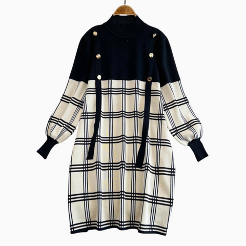 Plaid Knitted Patchwork Drawstring Dress