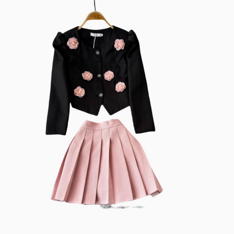 3D Rose Blazer&Pleated Skirt 2Pcs